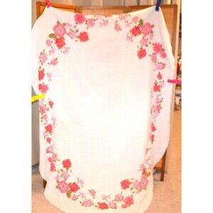 Vintage Linen Tablecloth Shades of Pink Flowers on White Luther Travis